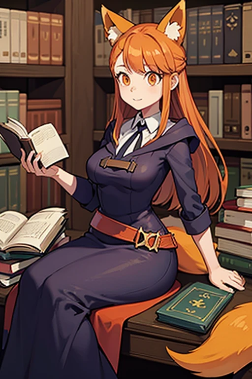 An orange haired female witch with copper eyes and hourglass figure with orange fox ears and an orange fox tail in a conservative lolita witch dress is reading a book in the library