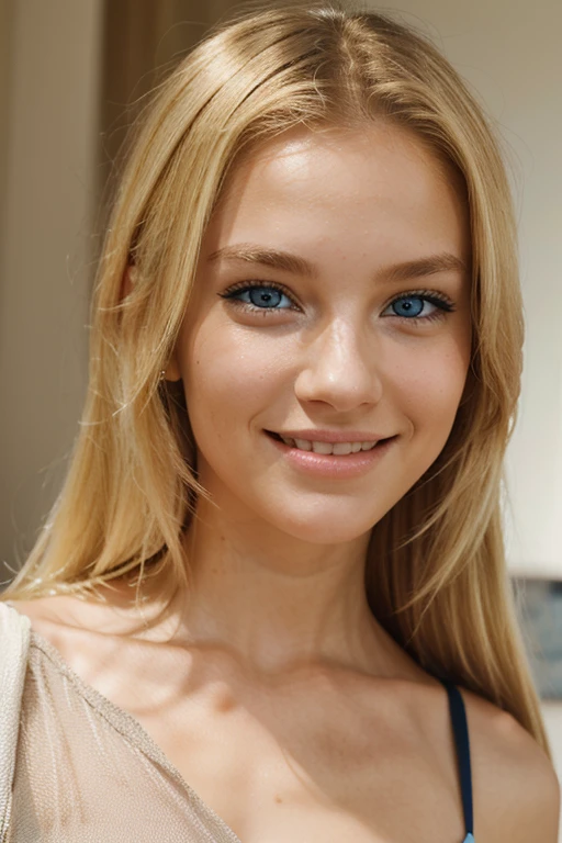 female face, blonde hair. blue eyes, smiling, model, realistic, cute