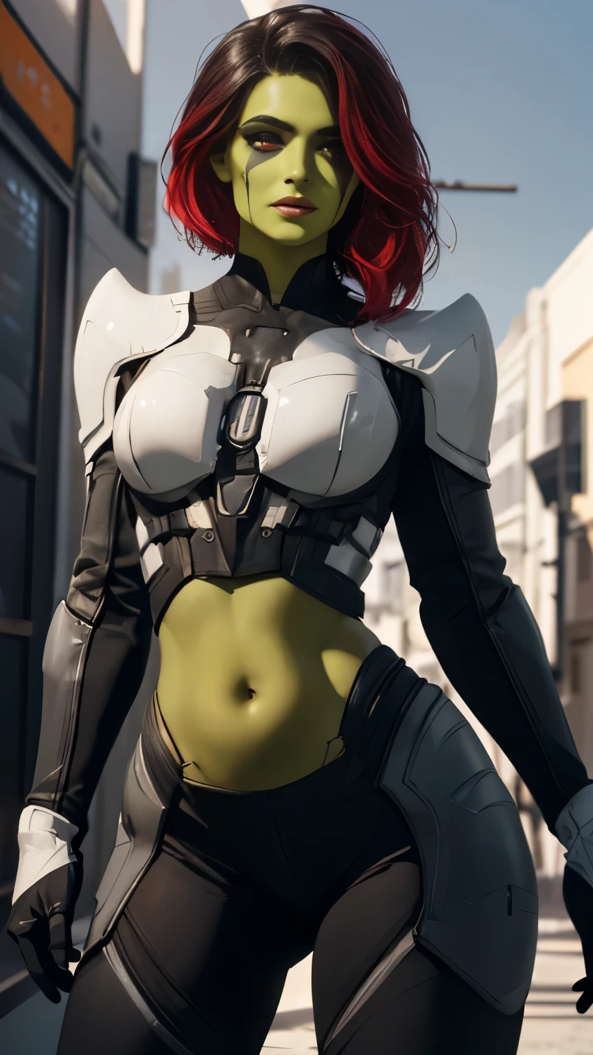 (Highly quality, masterpiece, detailed), science fiction city detailed scenario, science fiction detailed background, solo, 1woman, Gamora, green skin, multicolored hair, red eyes, hair over one eye, black and white cropped top, black and white leggings, armor, gloves, sleeves, belly button, light smile, beautiful eyes, look at the viewer, Sexy pose