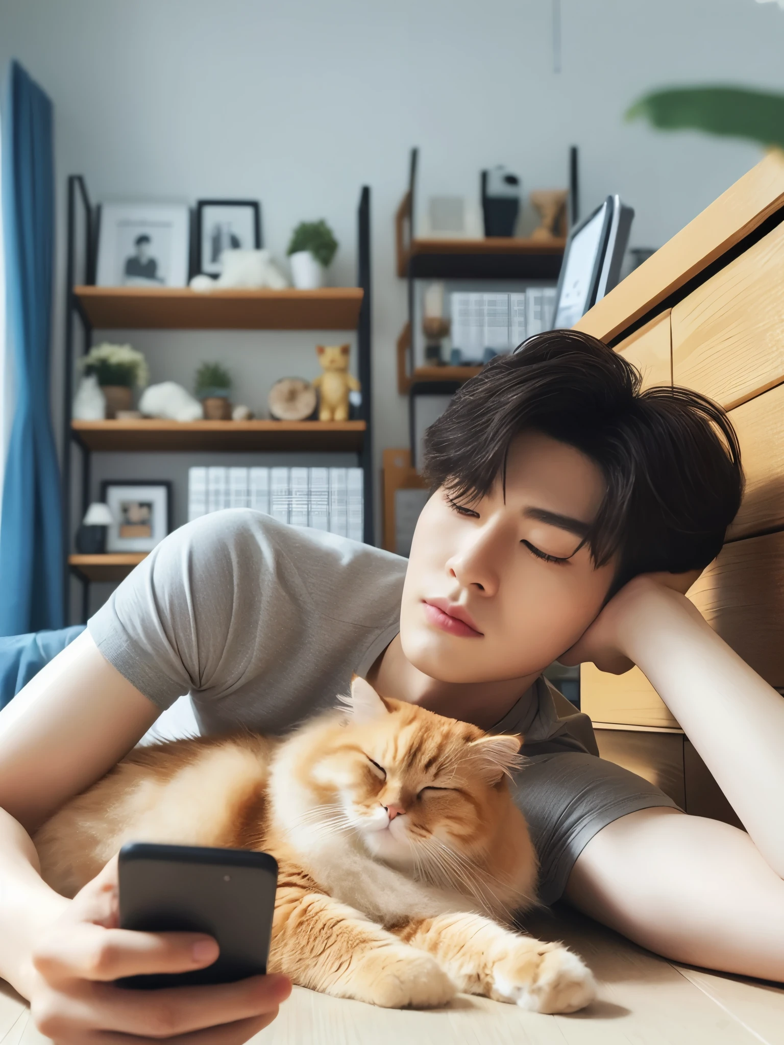araffe laying on the floor with a cat and a cell phone, with small cat on lap, inspired by Zhang Han, cai xukun, jung jaehyun, hsiao-ron, korean artist, male ulzzang, south korean male, jinyoung shin, by Ni Yuanlu, inspired by Kim Eung-hwan, wonbin lee