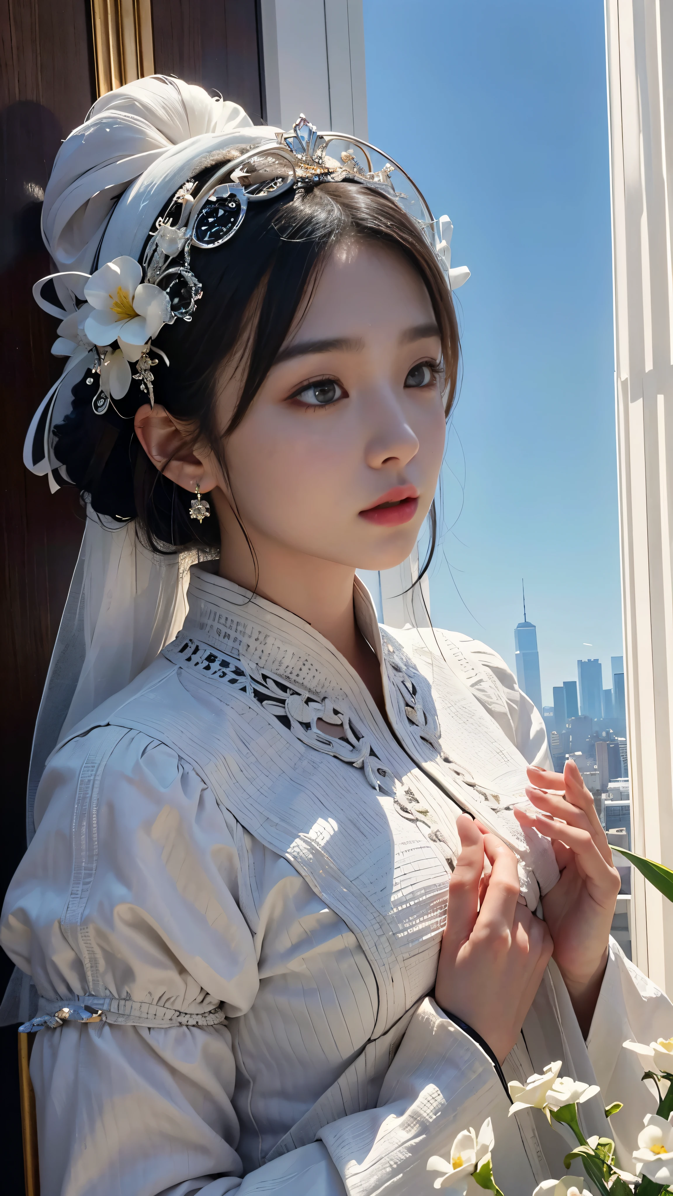 Ultra-high definition images:Often used for large format displays and high-end printing、Expressing all the complex lines and textures、A crystal clear and incredibly detailed photograph or digital rendering。 Beautiful woman gazing at the goddess from a New York skyscraper:Captivating image of God、An elegant woman looks up to the sky from the towering heights of the city's iconic building、Be captivated by the enchanting statues、A captivating scene of fascination and awe。 High resolution detailed full body image of the face:with intricately rendered portraits of human faces、Every pore is showcased