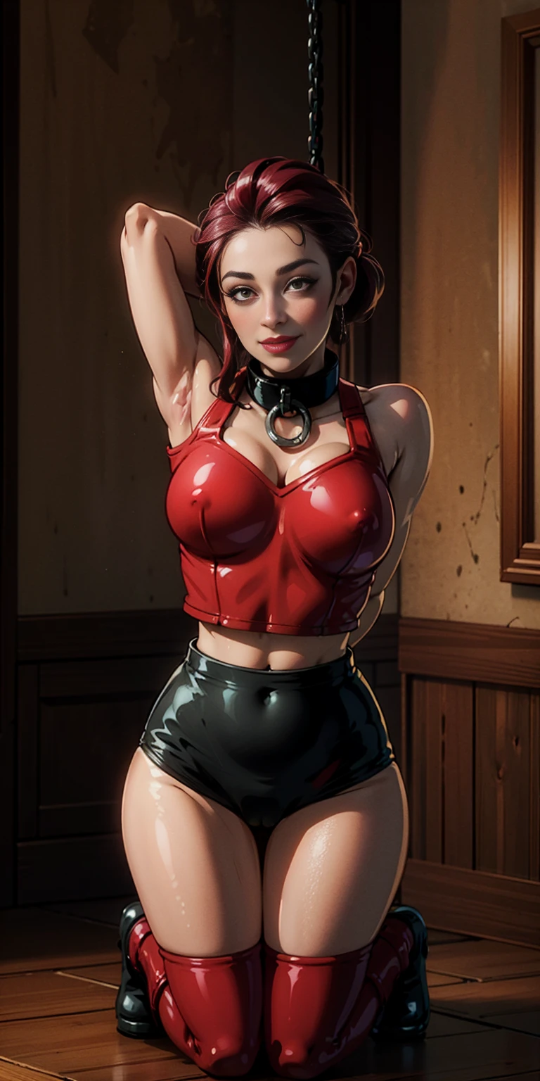 Latex girl lustful smirking smile red blush red cheeks, chain leash, hands behind the head, kneeling, shackles, leather black collar slave, 2 high ponytails