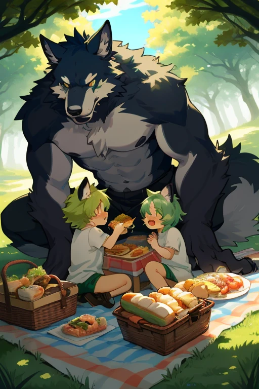 cover page, anime key visual, highres, top quality, best quality, paid reward available, High-quality illustrations, unparalleled masterpiece, perfect artwork, absurdres (heartwarming family picnic scene)(in lush green park)(kemono werewolf family with werewolf father, human mother, and children)perfect anatomy, sitting on a colorful blanket, parents smiling and taking out food from a picnic basket,  reaching for sandwich, cheerful and relaxed atmosphere, bright sunny day, trees in the background, fan-created work shared on platforms Pixiv or Twitter, cinematic lighting, dynamic angle,