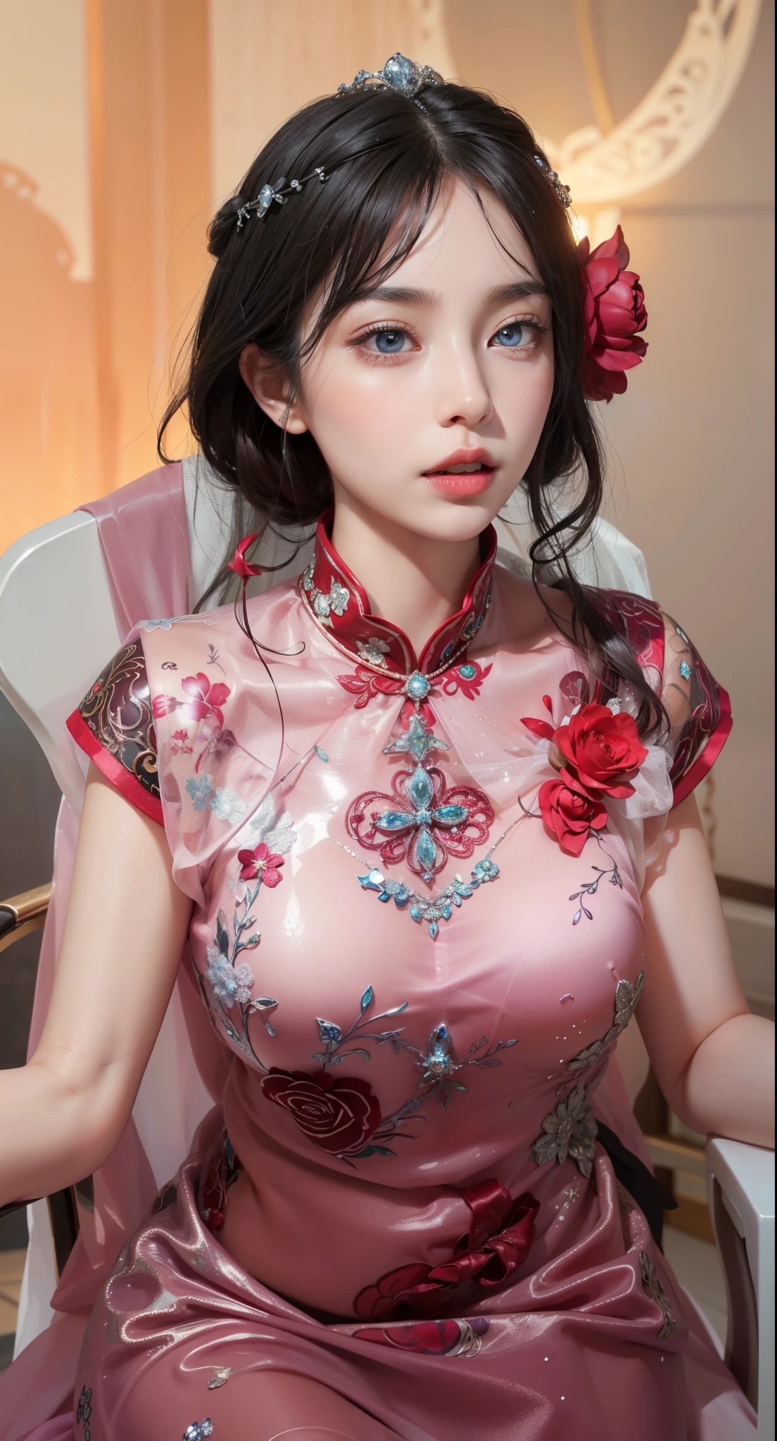 Royal sister,exquisite eyes,ice queen,put the crown on your head,Detailed facial expressions body,tall figure,Attractive figure,Leg length,4K,HD,Sensual,White translucent lace,白皙plump figure,little cherry mouth,beautiful and cute,plump figure,gloss gel coat,Vampire queen wears luxurious dress,Have a tattoo(intricate tattoo designs),ice princess,Rich facial details,16 Year Old Angel,eyes are blue(Pupils as deep as the starry sky),Wear silk cheongsam,sit on the chair