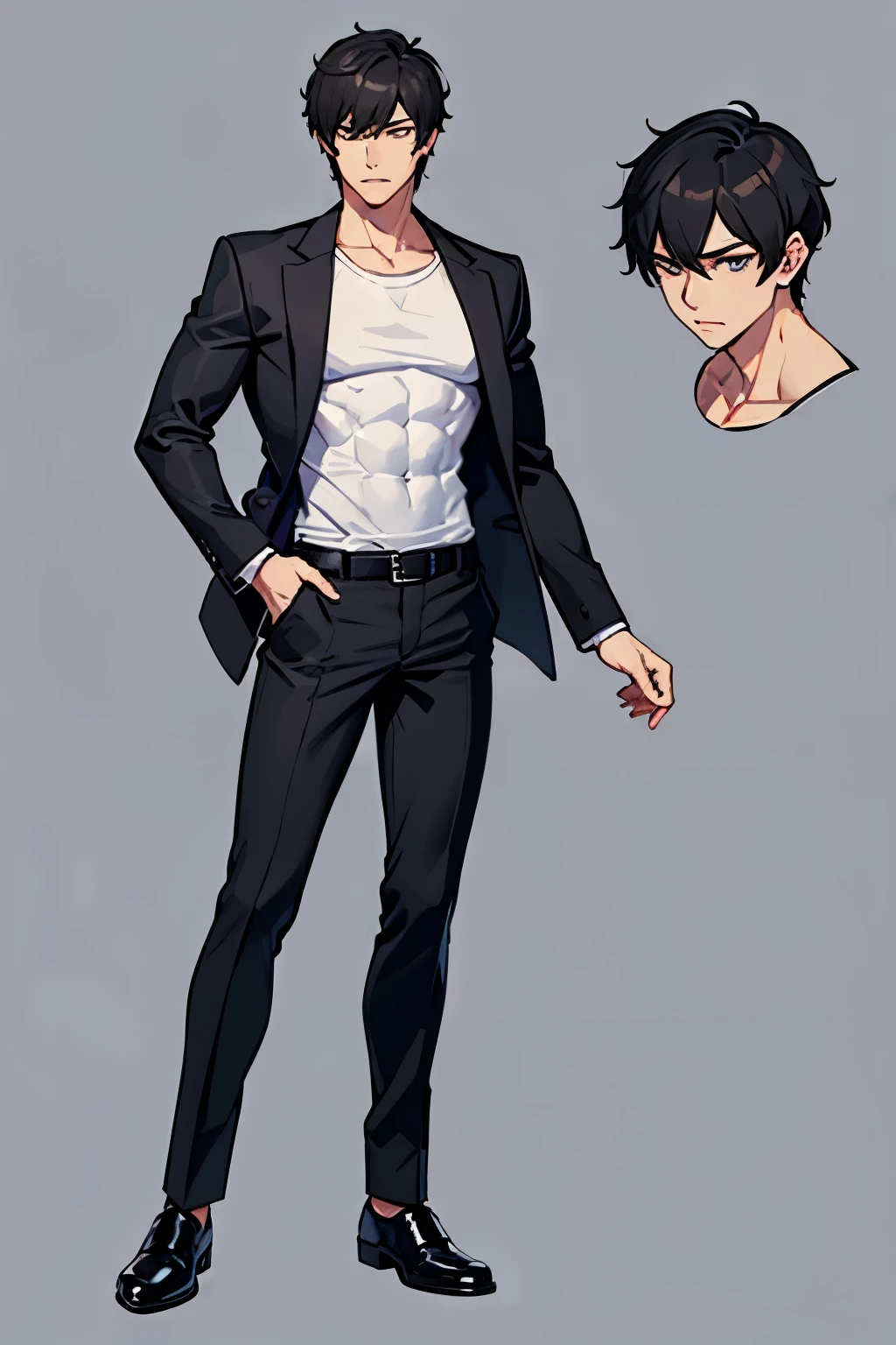 male character design sheet, short twink boy, wearing , black straight short hair, reserved and introspective