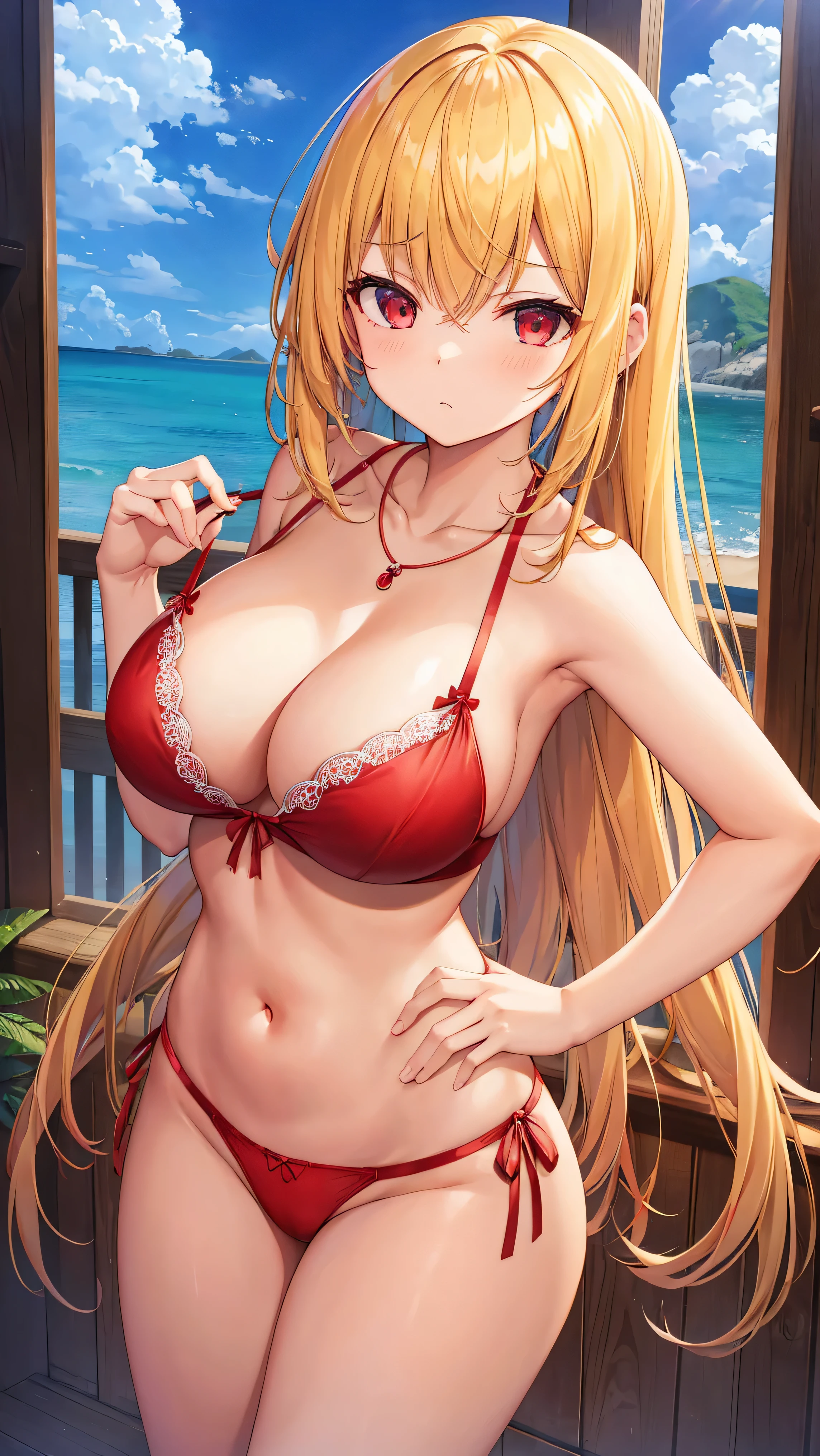 masutepiece、hight resolution、1girl in、Blonde Gal、in one's underwear only、red lingerie、poneyTail、large full breasts、a necklace、to close range、write、bending forward、Poses that emphasize large full breasts、Nasty body、
