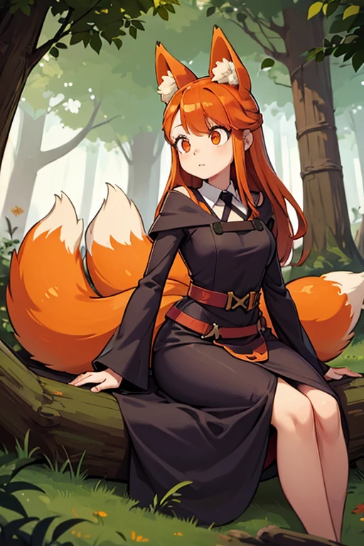 An orange haired female witch with copper eyes and hourglass figure with orange fox ears and an orange fox tail in a conservative ****ta witch dress is hunting mushrooms in the magic forest