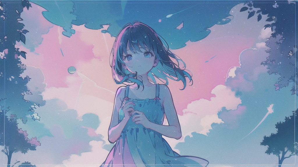 (watercolor), (low contrast), (face, 1 girl, sundress, look at viewer, cowboy shot), (starry sky, moon)