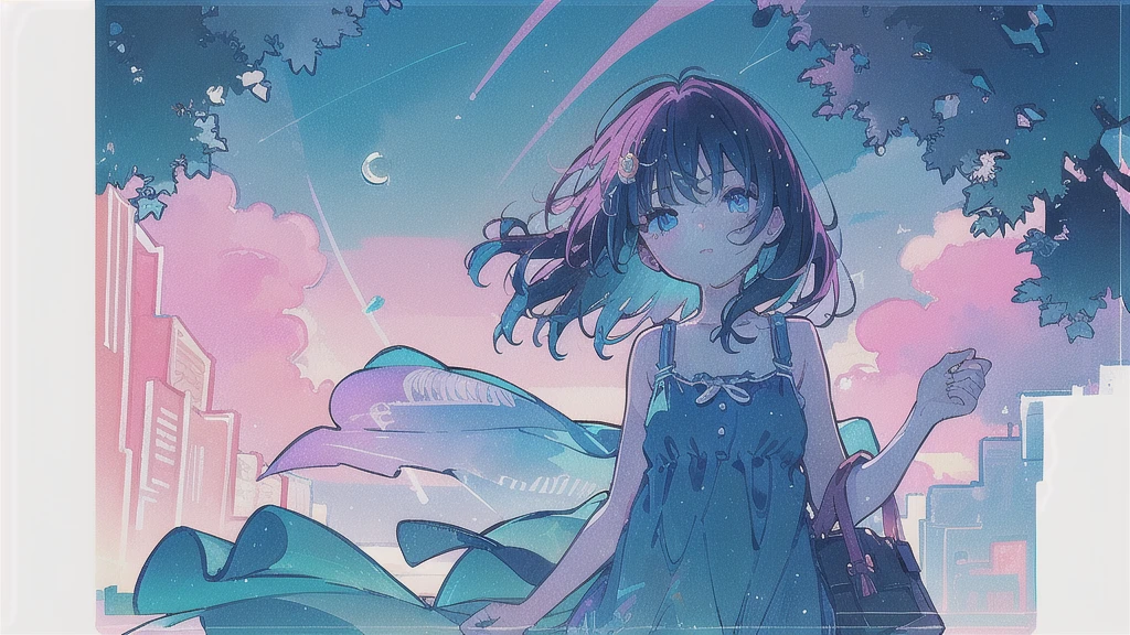(watercolor), (low contrast), (face, 1 girl, sundress, look at viewer, cowboy shot), (starry sky, moon)