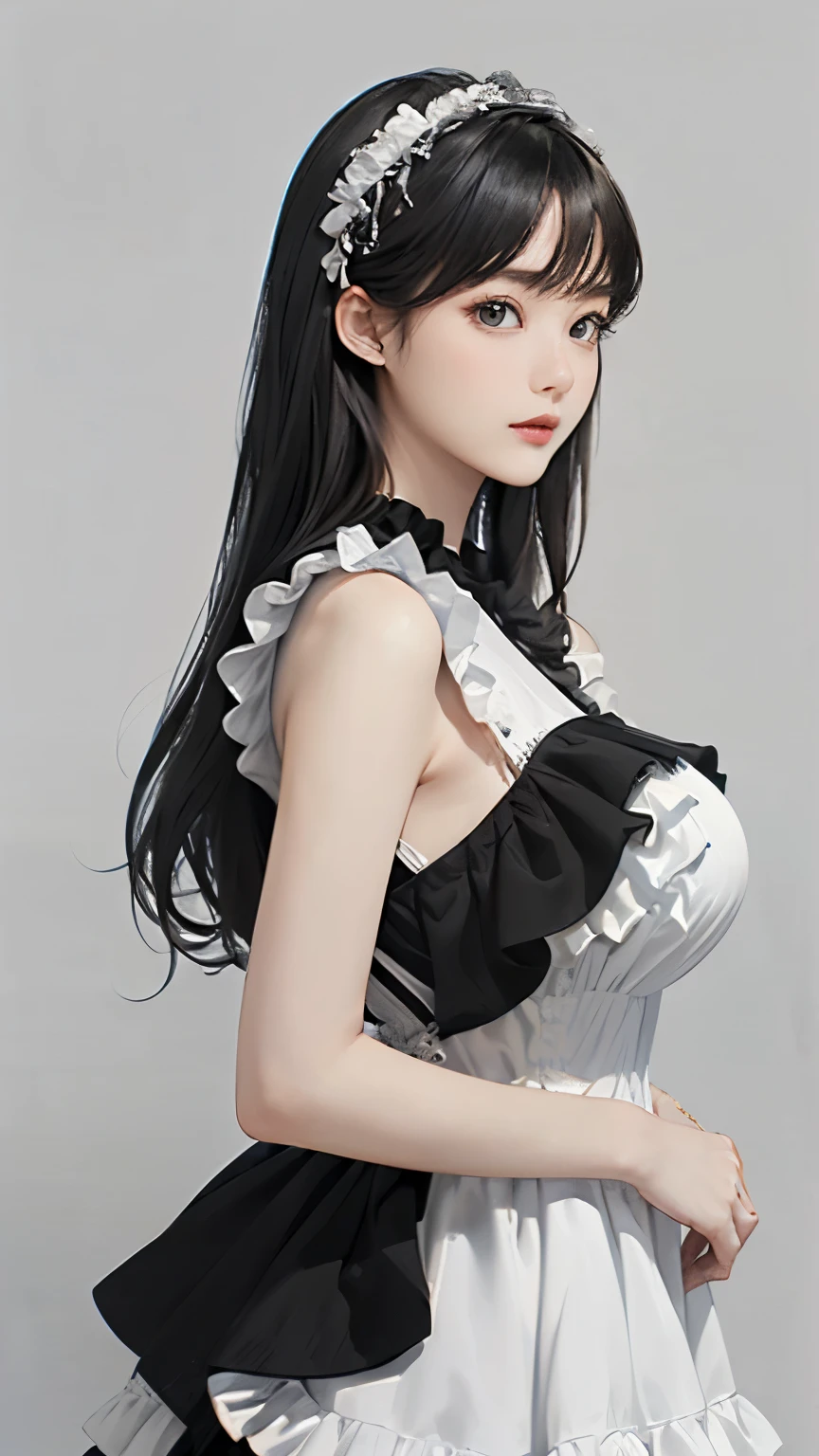 (((Masterpiece))),((top quality)),one beautiful girl,bangs、(long hair:1.5)、(((big breasts)))、23 years old、(Gorgeous white, grey and black ruffled dress:1.5)、race、 beautiful digital art work, beautiful fantasy art,(The background is plain:1.5)、