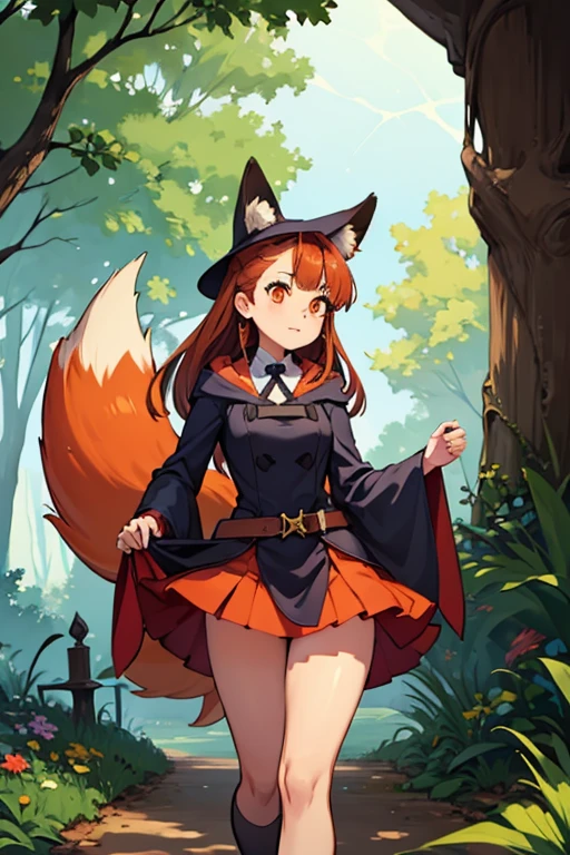An orange haired female witch with copper eyes and hourglass figure with orange fox ears and an orange fox tail in a conservative ta witch dress is hunting mushrooms in the magic forest