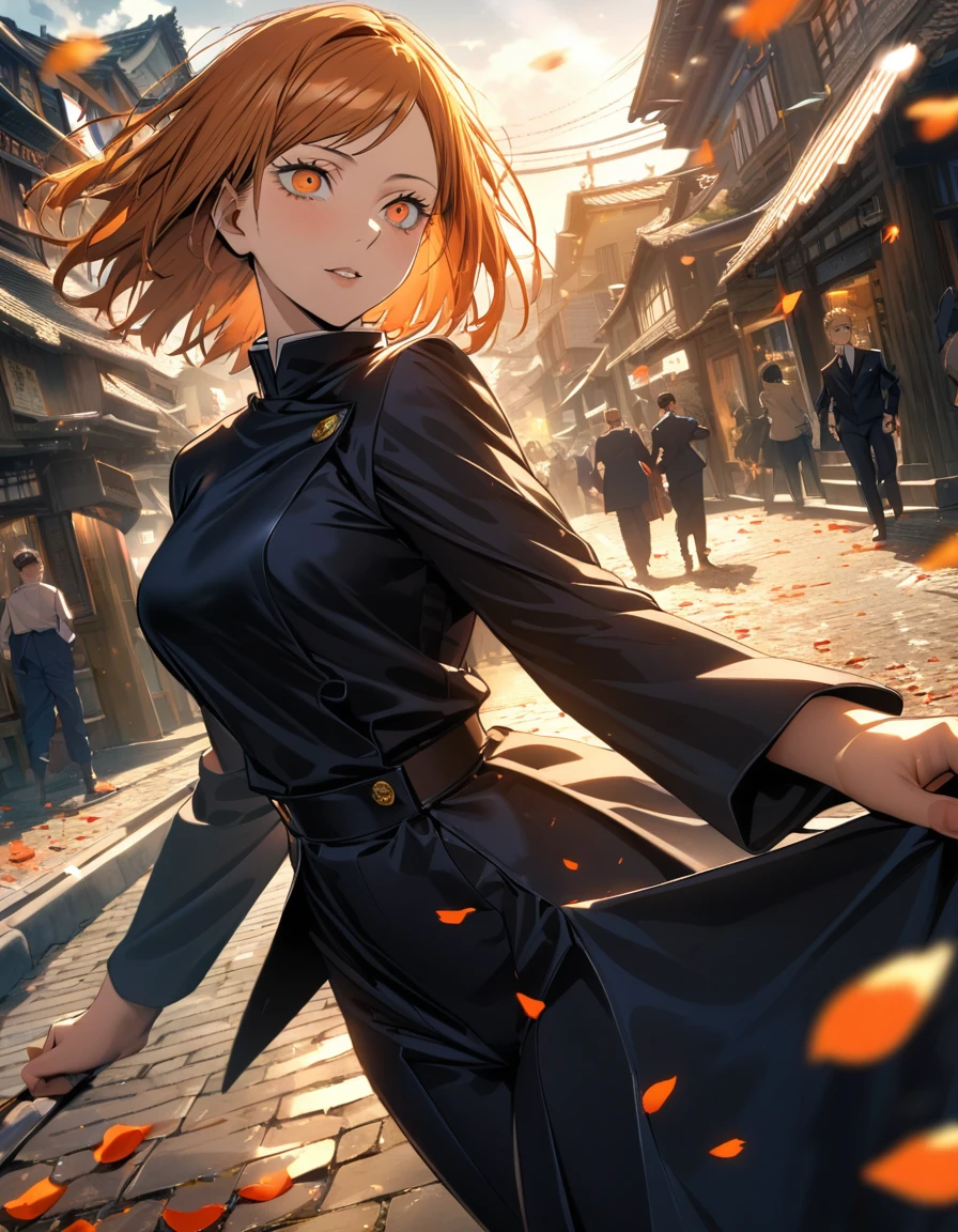 Ultra detailed, Highres, absurdres, HDR, Nobara Kugisaki, orange hair, orange eyes, 1 woman only, Jujutsu Kaisen, town, petals, sunlight, beautiful, black tuxedo clothes,