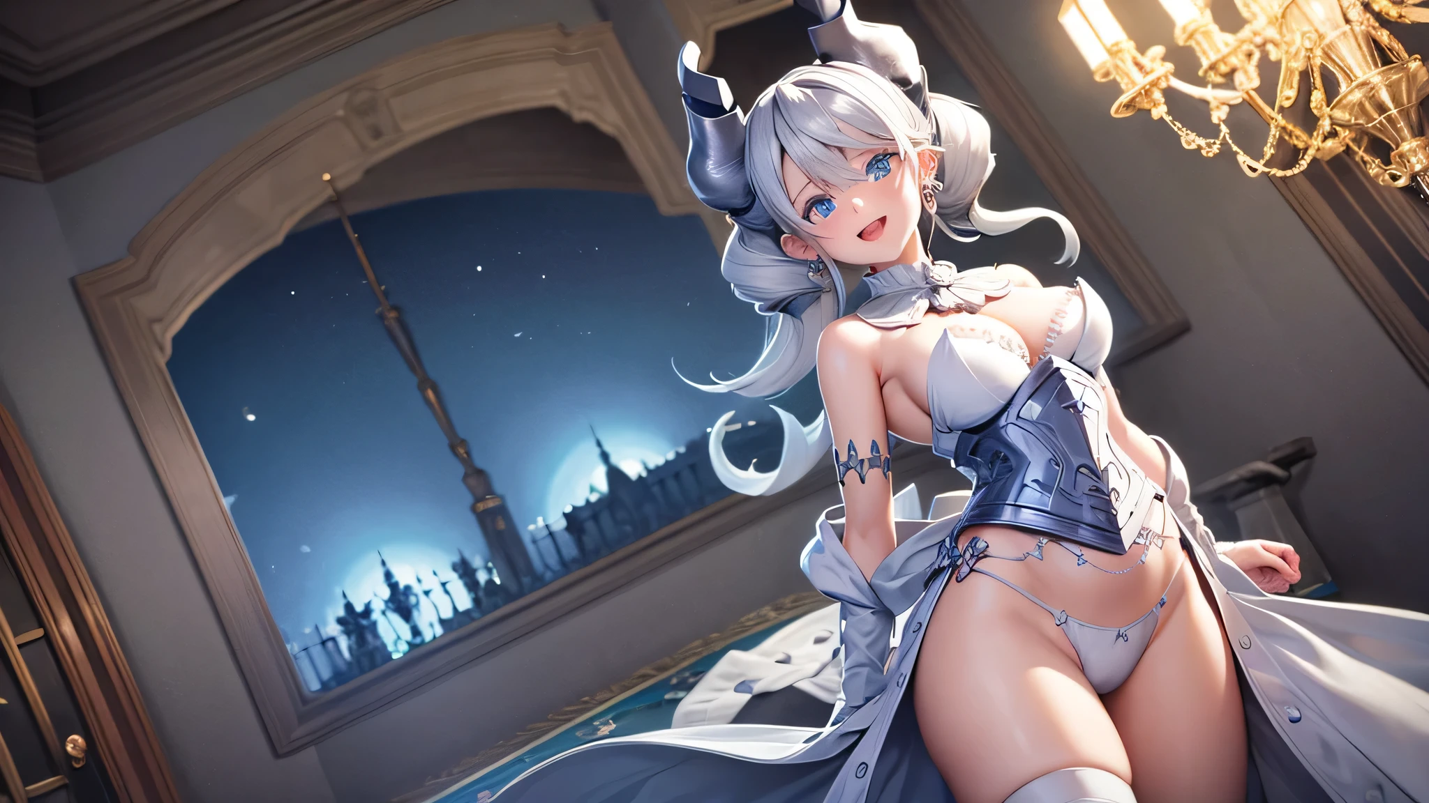 ((masterpiece)),(best quality), ((extremely detailed CG unity 4k wallpaper)),(cinematic lighting), (an extremely delicate and beautiful girl:1.3),(++silver hair++),blue eyes, long hair, jewelry,earrings, :d, maid, labrynth,
dance floor,(Crystal chandelier), horn ,indoor , ass