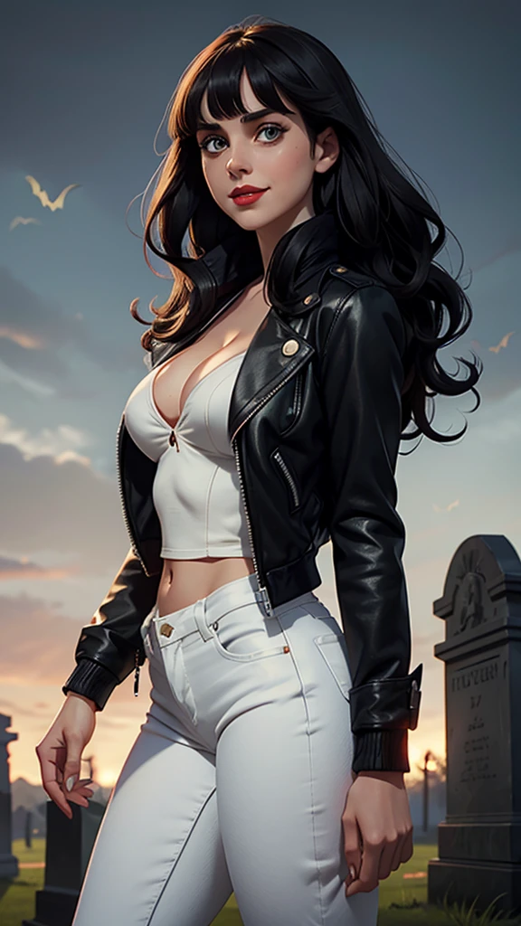 Woman, white skin, green eyes, black hair, wavy hair, straight hair, bangs, long hair, hair in the wind, cemetery at night, tight jeans, black boots, very low-cut blouse, white blouse, open jacket, red jacket, horror , great cleavage, nipples visible, smiling, looking at camera, red lips, athletic, bats in the sky, scary atmosphere, frontal shot. Alison Brie.