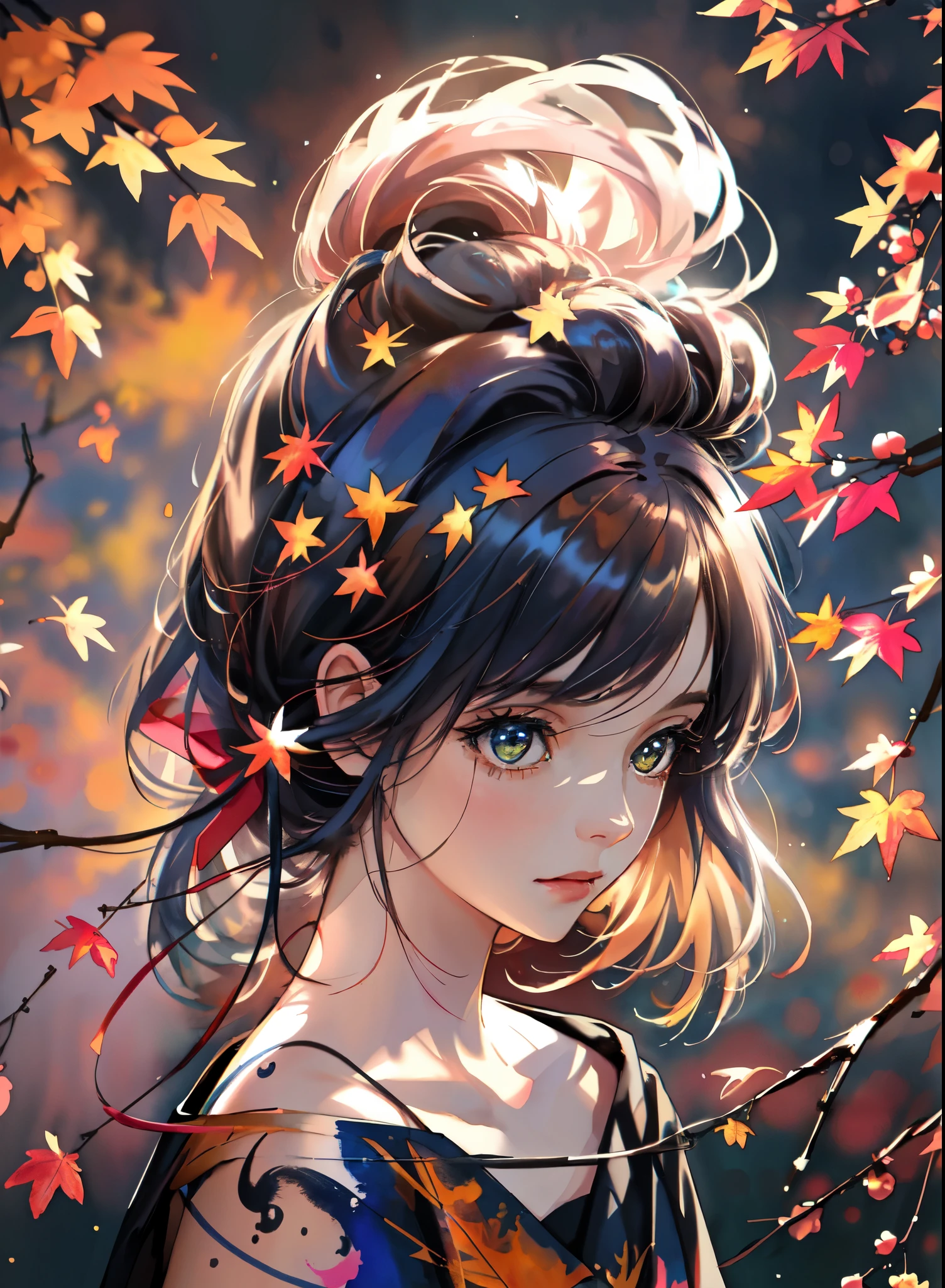 (8k, best quality, masterpiece:1.2),(best quality:1.0), (ultra highres:1.0), watercolor, a beautiful woman, shoulder, hair ribbons, by agnes cecile, half body portrait, extremely luminous bright design, pastel colors, (ink:1.3), autumn lights,
