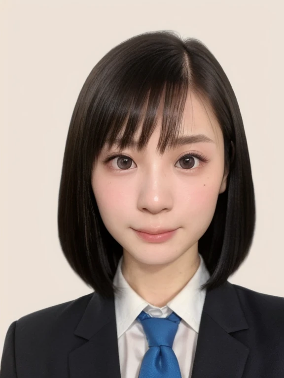 (kawaii 18 year-old Japanese highschool girl, Nogizaka idol, Korean idol), (glossy black hair, very short hair, symmetric hair length, even hair length:1.3), (forehead), (rounded face, black eyes, single eyelid, no makeup, serious expression:1.2), (wearing Japanese school uniforms, blazer jacket, collared shirt, necktie:1.3), flat chest, extra small breasts, (looking at viewer:1.2), BREAK, (simple white background:1.3), (view from straight forward, portrait, id photo, close shot:1.3), face focus, BREAK, (masterpiece, best quality, photo realistic, official art:1.4), (UHD, 8K quality wallpaper, high resolution, raw photo, golden ratio:1.2), (shiny skin), professional lighting, physically based rendering, award winning, (perfect anatomy, highly detailed skin, extremely detailed face and eyes), Carl Zeiss 85 mm F/1.4, depth of field, 1girl, solo,