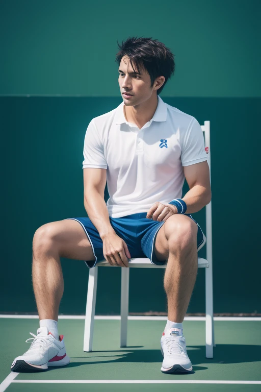 1 Japanese young man,28 year old Japanese muscular man,Wearing a blue POLO shirt,white tennis shoes,After playing tennis, sit on the chair in the rest area of the tennis court,Holding a sweat towel in hand. There is a tennis racket on the floor. soft light,masterpiece,best quality,8K Ultra HD,digital SLR camera,film grain,Fujifilm XT3 Realistic Art by Midjourney and greg rutkowski