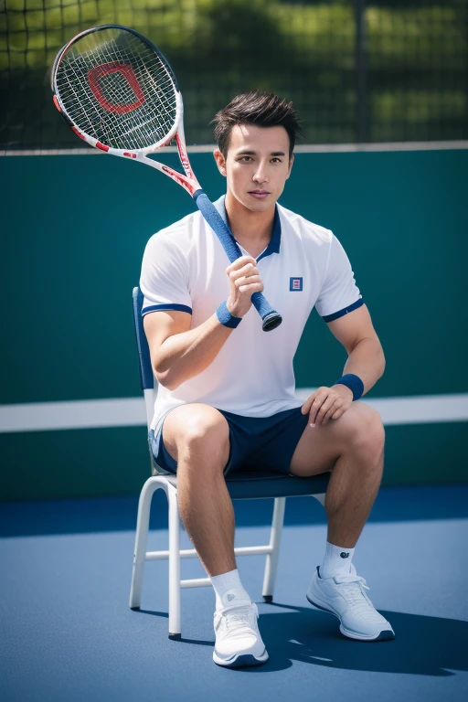 1 Japanese young man，28 year old Japanese muscular man，Wearing a blue POLO shirt，white tennis shoes，After playing tennis, sit on the chair in the rest area of the tennis court，Holding a sweat towel in hand. There is a tennis racket on the floor. soft light，masterpiece，best quality，8K Ultra HD，digital SLR camera，film grain，Fujifilm XT3 Realistic Art by Midjourney and greg rutkowski