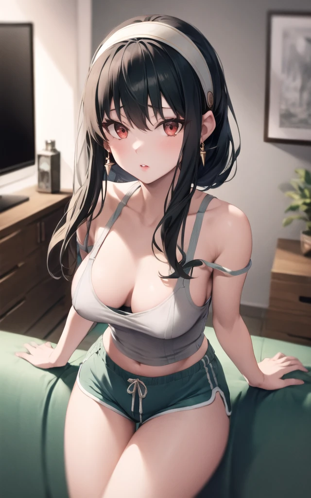 (masterpiece), (best quality), (beautiful eyes and face), (perfect female body), (shiny skin),
looking at viewer, cowboy shot,
1girl, solo, yor briar, black hair, long hair, red eyes,
medium breasts,
white hairband, gold earrings, jewelry, (black tanktop), (cleavege)
lips seperated , mouth open
sitting on couch,
living room, facing viewer, large waist, thick thighs, thigh gap, dolfine shorts, short shorts, booty shorts, (36year old woman), bra under tanktop,long tanktop, tanktop tucked into shorts, facing viewer, top down, tanktop strap falling off shoulder, one bare shoulder, leaning over, bend over, leaning over viewer,
