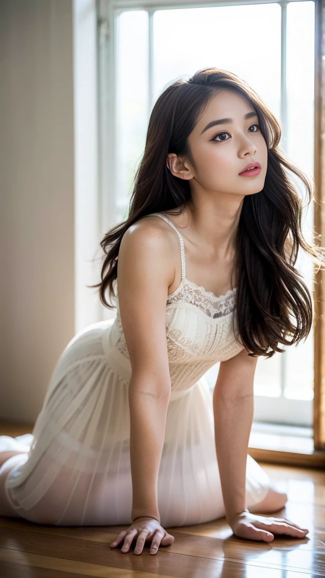 dark brown hair、light brown eyes、Japanese actress face、 lady、I&#39;Iは彼とIが好きです&#39;I&#39;Iは40歳くらいです.、(intricate details:1.2)、(which one is the top?:1.4)、 (ultra high resolution:1.2)、ultra high resolution、(finely tuned)、(detailed facial features)、nffsw、8K resolution、D cup size breasts、long hair、big window、luxurious space、relax、、,full body photo、head to toe shot、beautiful feet、camisole dress、beautiful feet、A refreshing room full of sunlight、she, household items,   (plant:0.8), center of fashion, extreme details, very detailed, realistic, hourglass body, obscene pose,、、I cry a lot、tears、white wall、white floor、diagonally from below、raise your chin、relaxした表情、Pose of Weakness、(auraroid photo:1.2)、from outside the window、Transparent painting masterpiece、8K、32k、highest quality、(Details of both eyes)、1 girl、elegant、(ballerina :1.4)、sunset、sit、(Low - Angle、I look up and see this:1.2)、Hilarious、look at the camera、ballerinaのポーズ、
