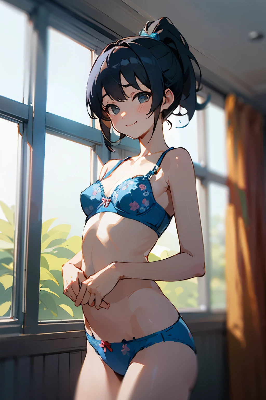 NSFW、with the best image quality、age girl standing in the room。in high resolution、beautiful details、quiet atmosphere。black hair ponytail、cute smile.。small breasts、Cute floral blue bra、Wearing cute floral blue panties。
