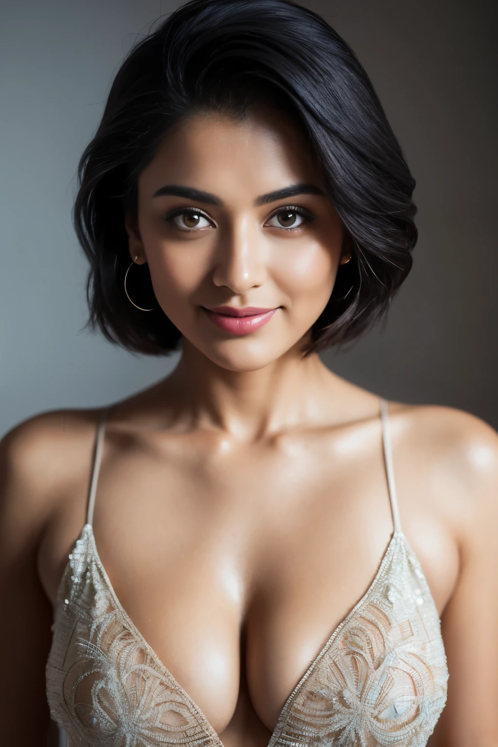 topless Portrait of A confident-looking indian  woman with short hairs, dark eyes,m, perfect composition, hyperrealistic, super detailed, 8k, high quality, trending art, trending on artstation, sharp focus, topless studio photo, intricate details, highly detailed, medium breast, smiling 