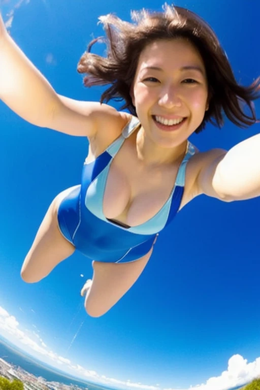 over the sky３０００In the middle of skydiving at 1.5 meters、The surroundings are clear blue sky and clouds、She is a beautiful Japanese woman with medium-long bob hair and is very cute, and is having fun and spreading her arms and legs.、Sensual style、She is wearing a very sexy micro bikini swimsuit.、She is looking at the camera、The camera follows her from above.、not wearing glasses！