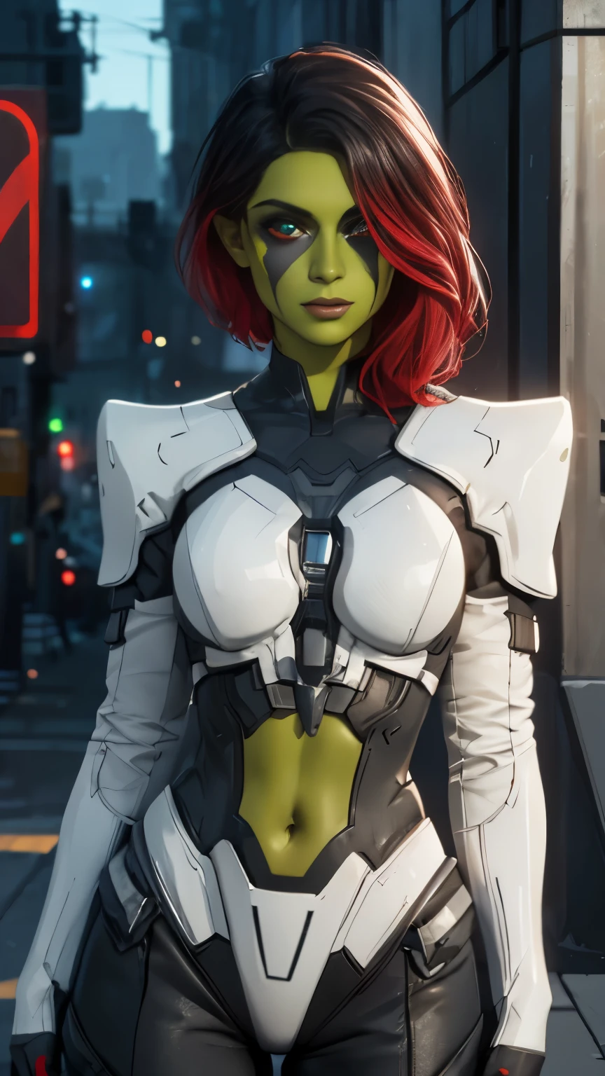 (Highly quality, masterpiece, detailed), science fiction city detailed scenario, science fiction detailed background, solo, 1woman, Gamora, green skin, multicolored hair, red eyes, hair over one eye, black and white cropped top 1.3, black and white leggings, armor, gloves, sleeves, light smile, beautiful eyes, look at the viewer, Sexy pose