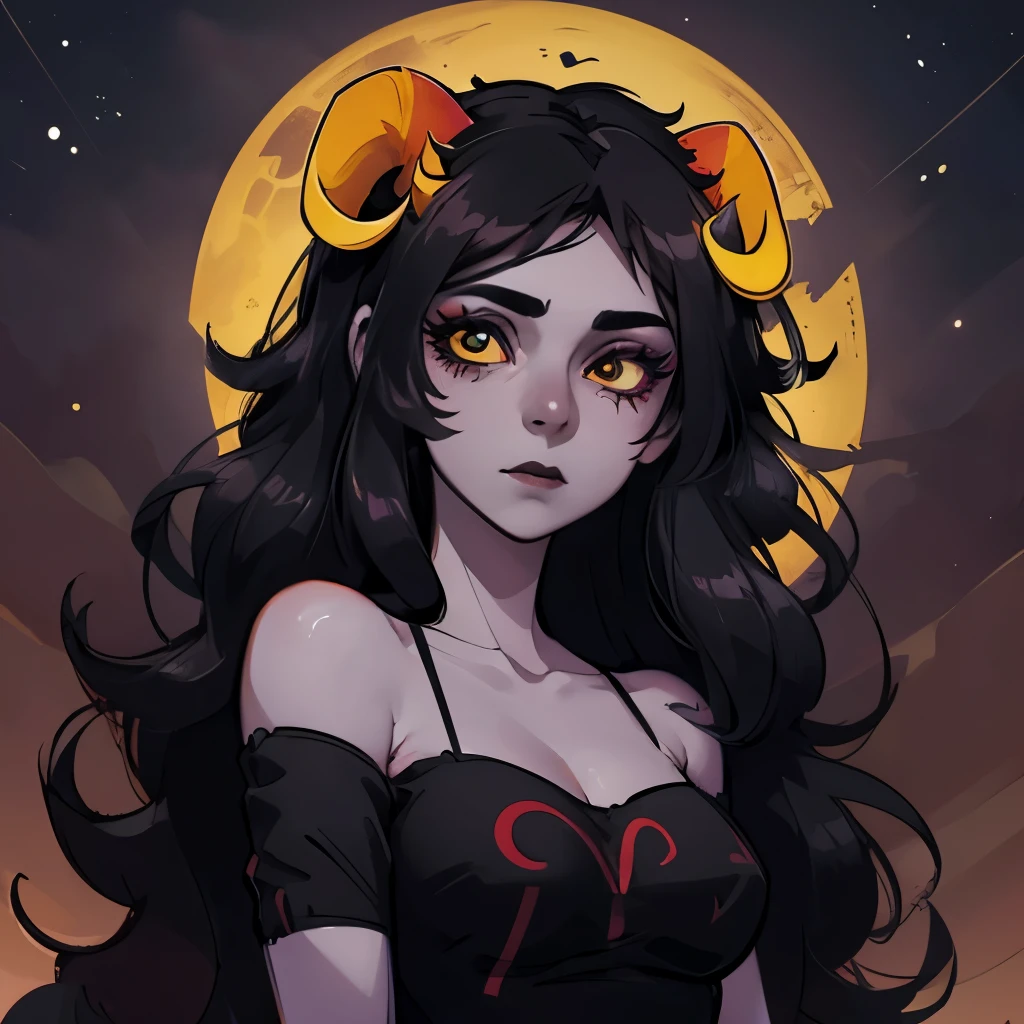 close-up portrait, aradia,  (horns), gray skin, very long hair, [[simple background]], big chest, cleavage, tube top, bare shoulders, (black lipstick), eyeliner, mature, ((dark eyes)), yellow sclera, crazy eyes, goth, (looking at viewer:1), night sky, stars, nebula, (low angle)