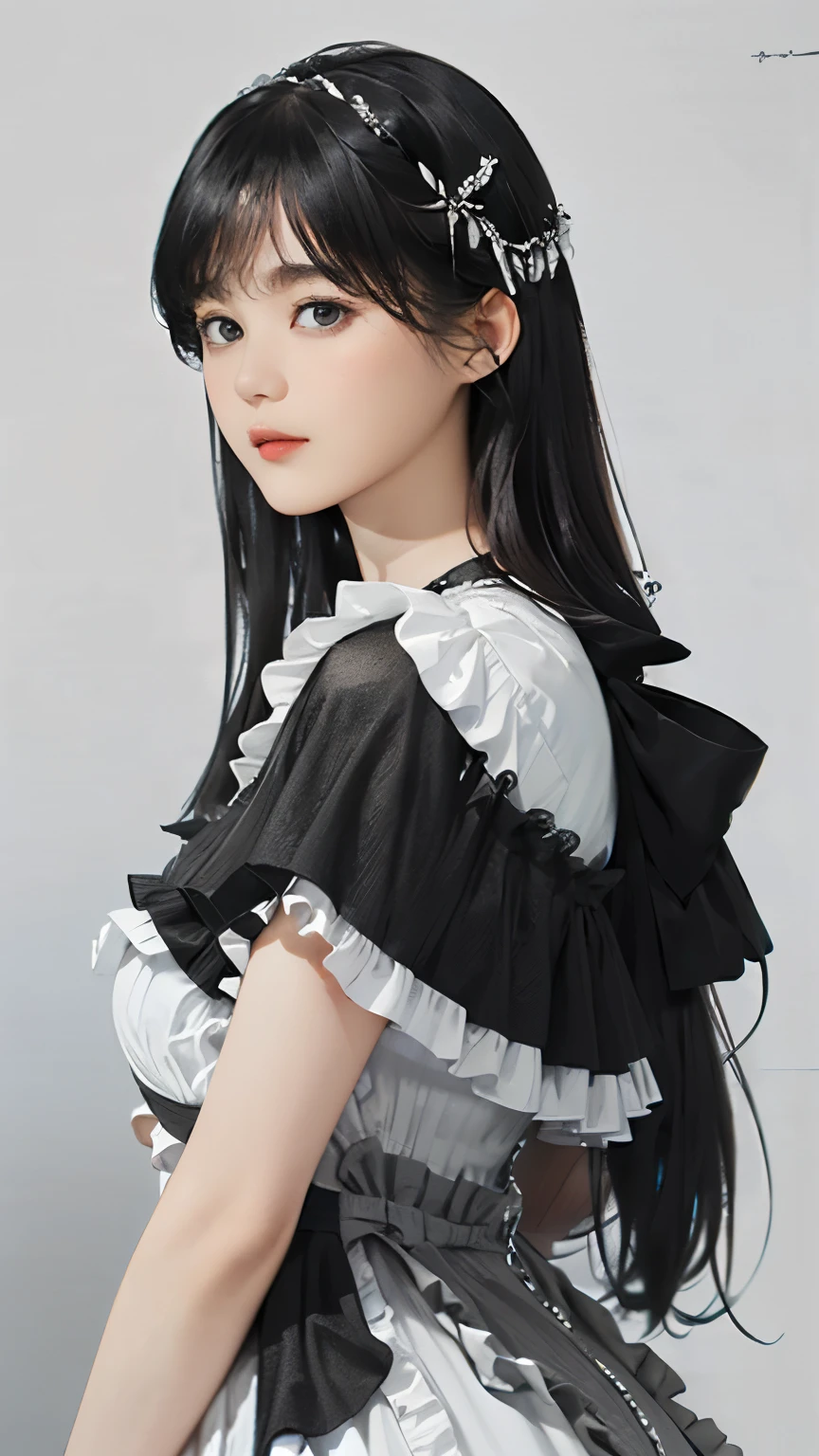 (((Masterpiece))),((top quality)),one beautiful girl,bangs、(long hair:1.5)、(((???????????)))、23 years old、(Gorgeous white, grey and black ruffled dress:1.5)、race、 beautiful digital art work, beautiful fantasy art,(The background is plain:1.5)、