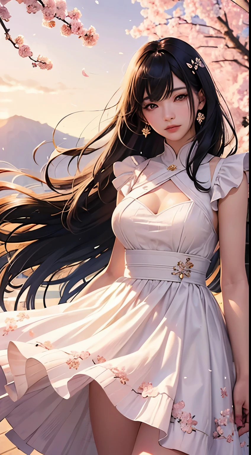 (logo、masterpiece、8K、table top、Raw photo、wonderful、最high quality、フォトリアリスティックでvery detailedな CG 統合 8k 壁紙、high quality、very detailed、Narrative poem、particle effects、dynamic effects、written boundary depth、cinematic light、Lens flare、ray tracing)、fantasy、 (1 beautiful woman、dress、dress、cherry blossom pattern、black haired、beautiful face、real face、beautiful details eyes beautiful skin)、髪がWindで踊る、Hair flutters in Wind、hair bounces、pink cherry tree、petals dance、SakuraFubuki、wonderful景色、sunrise、sun on background、Wind、