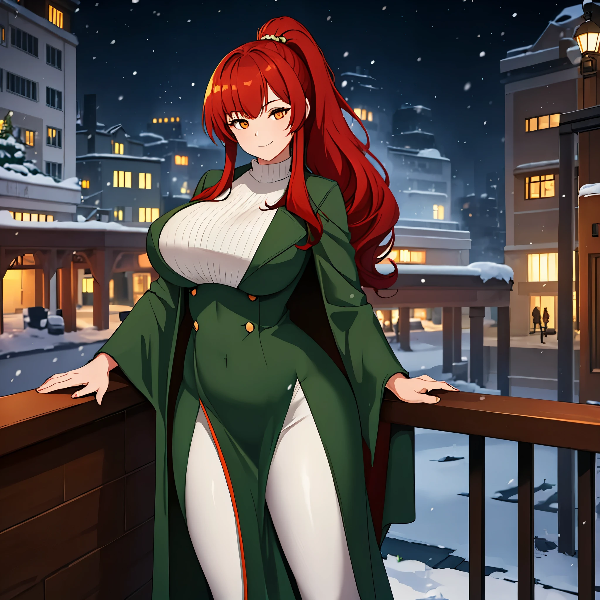 A woman wearing a long dark green fur coat, wearing white tight dress, big breasts, red hair, ponytail hair, orange eyes, in a winter themed night park, snowing, concrete walk, background buildings with windows lit, smiling (just one woman, solo) ,HDR, ultra resolution, well defined, masterpiece, 8K HD. (solo woman)

