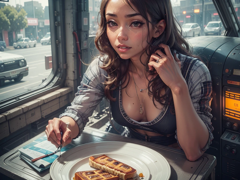 photograph, 8k realistic RAW photo, extremely detailed, (best quality:1.2), 
young female, 
in diner, 
rainy night outside of window, 
detailed skin, ultra high res,