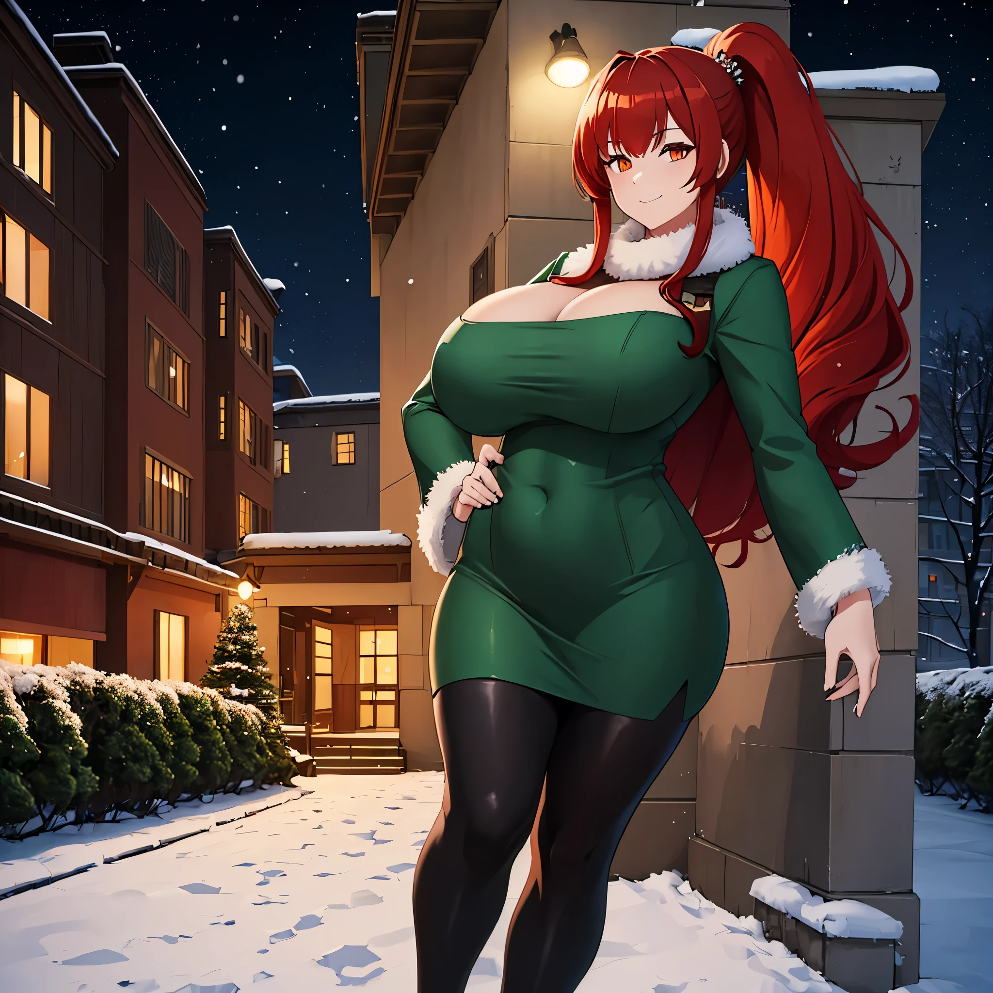 A woman wearing a long dark green fur coat, wearing white tight dress, big breasts, red hair, ponytail hair, orange eyes, in a winter themed night park, snowing, concrete walk, background buildings with windows lit, smiling (just one woman, solo) ,HDR, ultra resolution, well defined, masterpiece, 8K HD. (solo woman)

