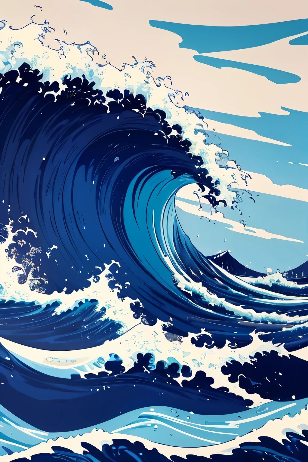 Close up of wave painting on sky background, a picture inspired by Katsushika Hokusai, shutter stock, ukiyo-e, big waves, big waves off kanagawa, big waves of hokusai, Hokusai style, the big waves off kanagawa, traditional japanese art, classical japanese art
