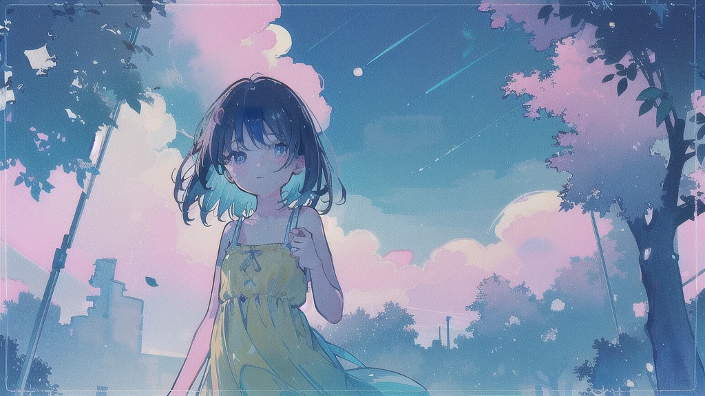 (watercolor), (low contrast), (face, 1 girl, sundress, look at viewer, cowboy shot), (starry sky, moon)