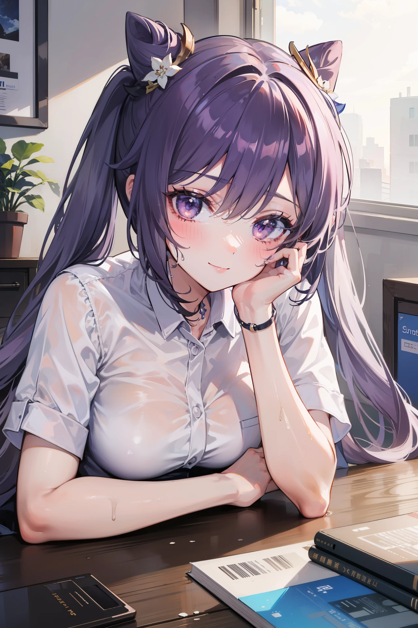 <lora:raidenshogun1:1>, raidenshogundef, mole under one eye, purple eyes, purple hair, braided ponytail, flower, hair flower, very long hair, (POV:1.2), from below, stern, (frown:1.2), parted lips, open mouth, pointing at viewer, pointing towards camera, lecturing, facing viewer, sitting, sitting back, crossed legs, business chair, CEO, regal, square on, looking at viewer, office, corporate, indoors, office lady ,pencil skirt ,ribbed sweater , skirt ,sleeveless ,sleeveless sweater , sweater , stockings ,turtleneck,turtleneck sweater