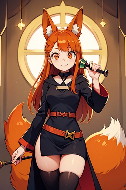 An orange haired female witch with copper eyes and hourglass figure with orange fox ears and an orange fox tail in a conservative lolita witch dress is making a potion with a smile