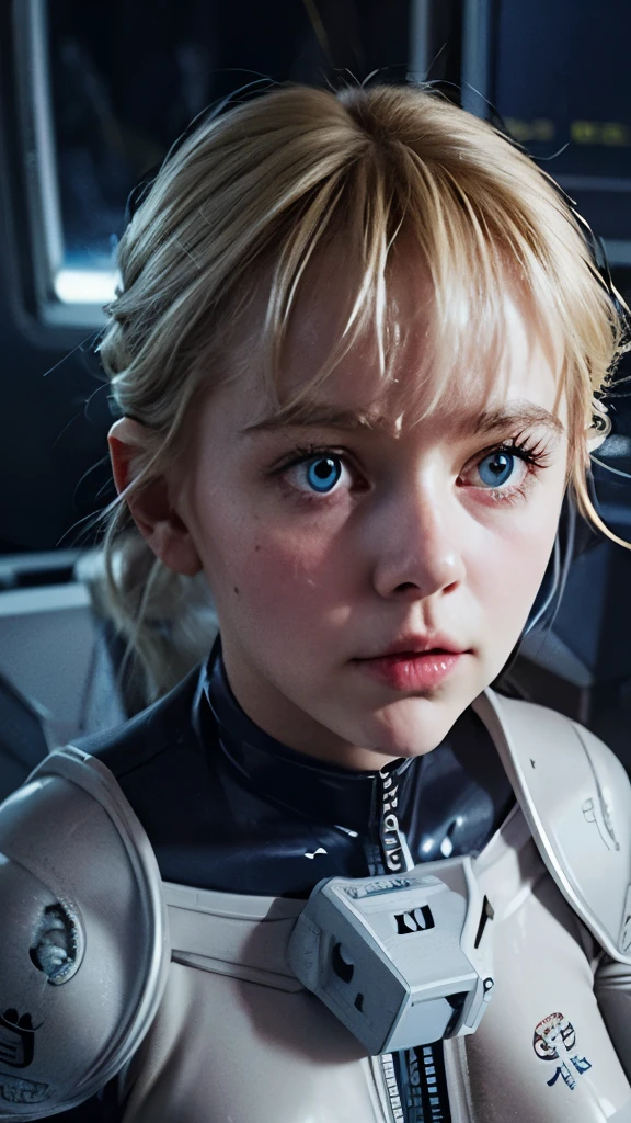 A short straight silky blonde haired sweden girl, bang, bright blue eyes, ************, young, pale skin, frightened, insecure expression, Ultra high res, uhd, (photorealistic:1.4), doll-like face, in spaceship, wearing futuristic spacesuit, carrying futuristic laser gun, sweaty