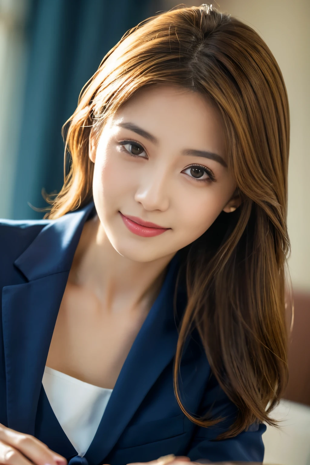 table top, highest quality, realistic, Super detailed, finely, High resolution, 8k wallpaper, 1 beautiful woman,, light brown messy hair, wearing a business suit, sharp focus, perfect dynamic composition, finely beautiful eyes, thin hair, Detailed and realistic skin texture, smile, close-up portrait, model body shape