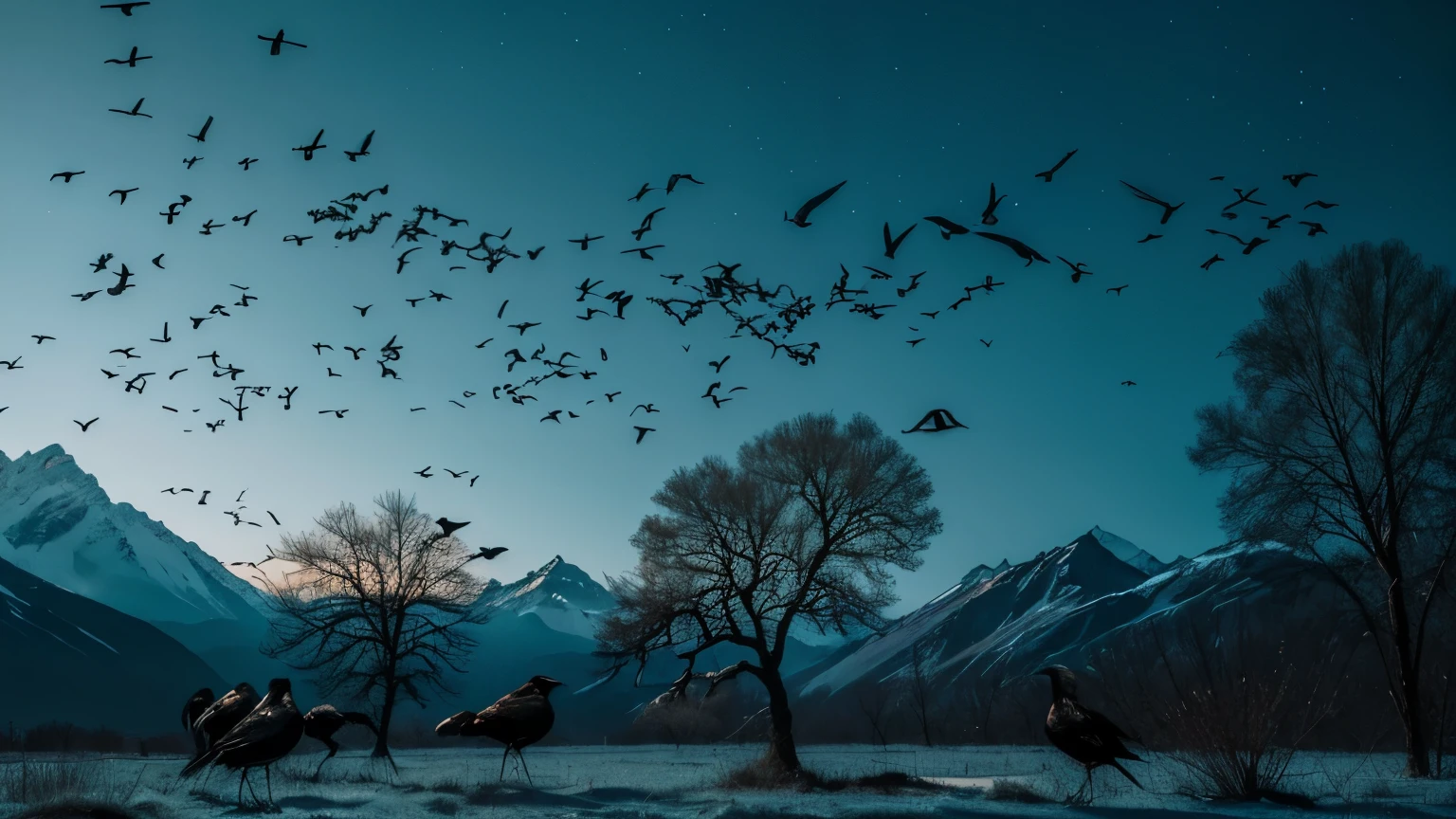 best quality, super fine, 16k, RAW photo, photorealistic, incredibly absurdres, extremely detailed, delicate, flashy and dynamic depiction, group of crows perched on a tree, hunting for prey, barren wilderness, horror, dark fantasy