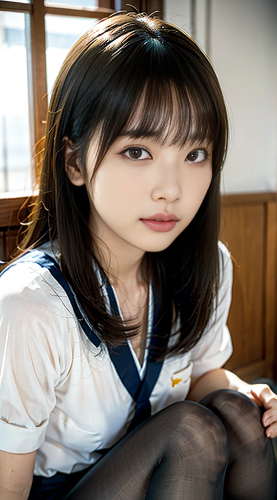 Ulsan-6500-V1.1,(Raw photo:1.2), (realistic:1.4), Meticulous beautiful girl, highly detailed eyes and face, detailed and beautiful eyes, absurd, incredibly ridiculous, huge file size, super detailed, High resolution, very detailed,best quality,master piece,((Japanese girls' high school uniform)),enlightenment,very detailed,cg,unified,8k wallpaper,amazing cleavage,finely,master piece,best quality,very detailed的 cg unified 8k wallpaper,face light,cinematic lighting, 1 girl, 28 years old,((No panties)),(wearing glasses),(((dynamic pose))),(camel toe),(nakedの下半身),((pantyhose)),((sit with legs apart)),(spread your hands wide)(naked).cute freckles.Mole under left eye.