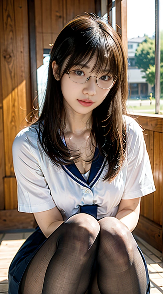Ulsan-6500-V1.1,(Raw photo:1.2), (realistic:1.4), Meticulous beautiful girl, highly detailed eyes and face, detailed and beautiful eyes, absurd, incredibly ridiculous, huge file size, super detailed, High resolution, very detailed，best quality，master piece，((Japanese girls&#39; high school uniform))，enlightenment，very detailed，cg，unified，8k wallpaper，amazing cleavage，finely，master piece，best quality，very detailed的 cg unified 8k wallpaper，face light，cinematic lighting, 1 girl, 28 years old,((No panties))，(wearing glasses)，(((dynamic pose)))，(camel toe)，(nakedの下半身)，((pantyhose))，((sit with legs apart))，（spread your hands wide）（naked）.cute freckles.Mole under left eye.