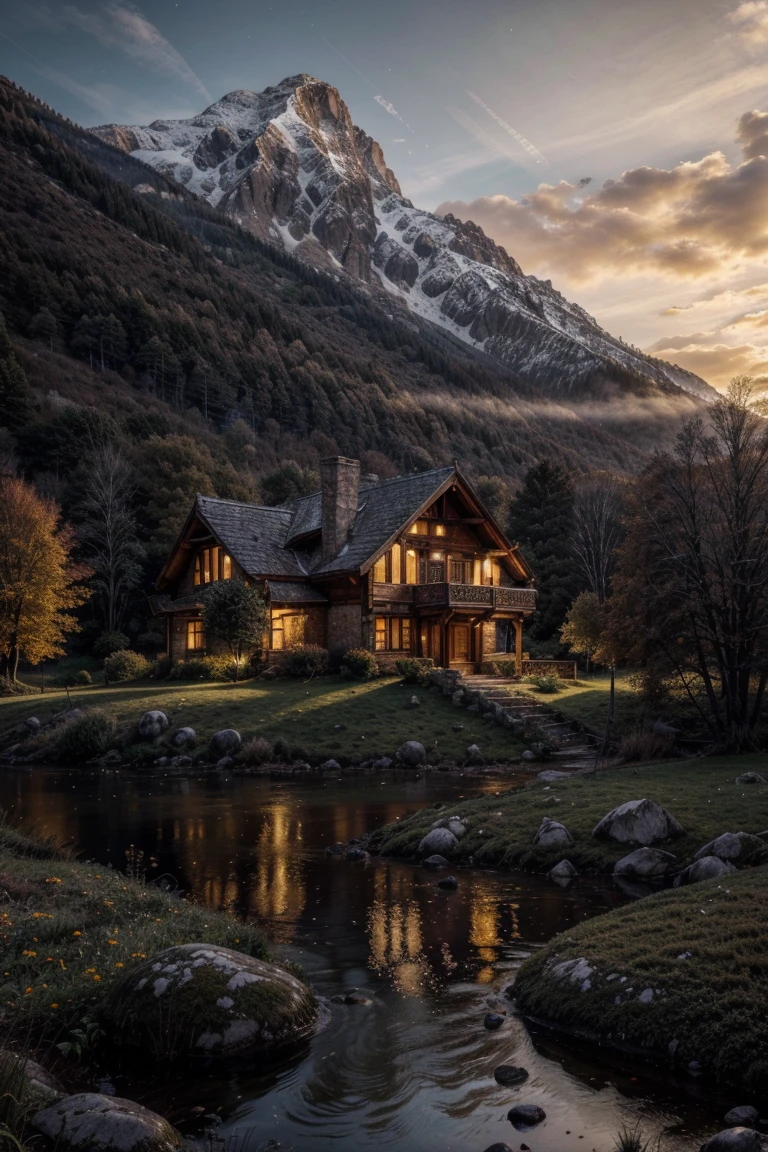 Masterpiece, (8k wallpaper) , (best quality), perfect quality, In the distance a thick forest with mountains, in the foreground a mushroom-shaped house and the windows are lit with orange light. Around this house there is grass with rocks and a small river.