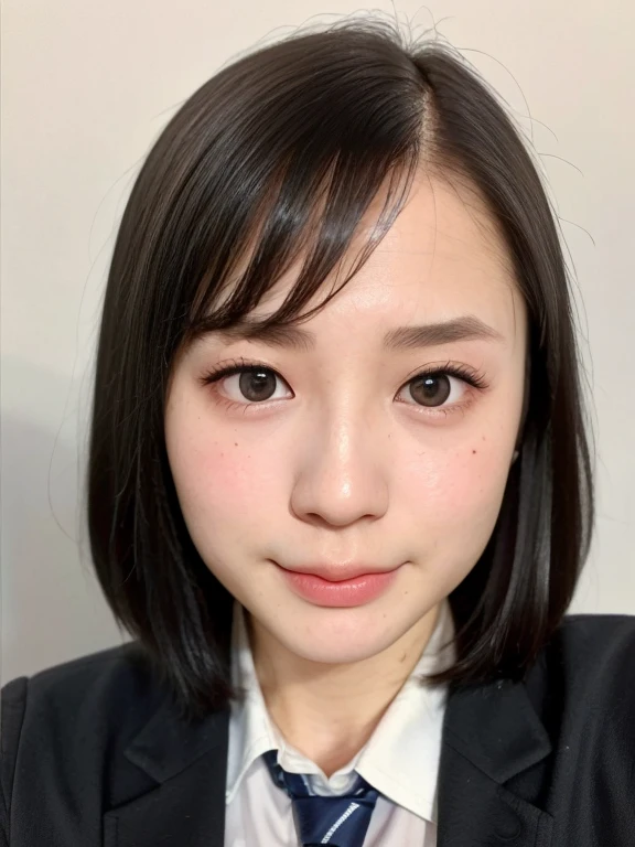 (kawaii 18 year-old Japanese highschool girl, Nogizaka idol, Korean idol), (glossy black hair, very short hair, symmetric hair length, even hair length:1.3), (forehead), (rounded face, black eyes, single eyelid, no makeup, serious expression:1.2), (wearing Japanese school uniforms, blazer jacket, collared shirt, necktie:1.3), flat chest, extra small breasts, (looking at viewer:1.2), BREAK, (simple white background:1.3), (view from straight forward, portrait,  id photo, close shot:1.3), face focus, BREAK, (masterpiece, best quality, photo realistic, official art:1.4), (UHD, 8K quality wallpaper, high resolution, raw photo, golden ratio:1.2), (shiny skin), professional lighting, physically based rendering, award winning, (perfect anatomy, highly detailed skin, extremely detailed face and eyes), Carl Zeiss 85 mm F/1.4, depth of field, 1girl, solo,