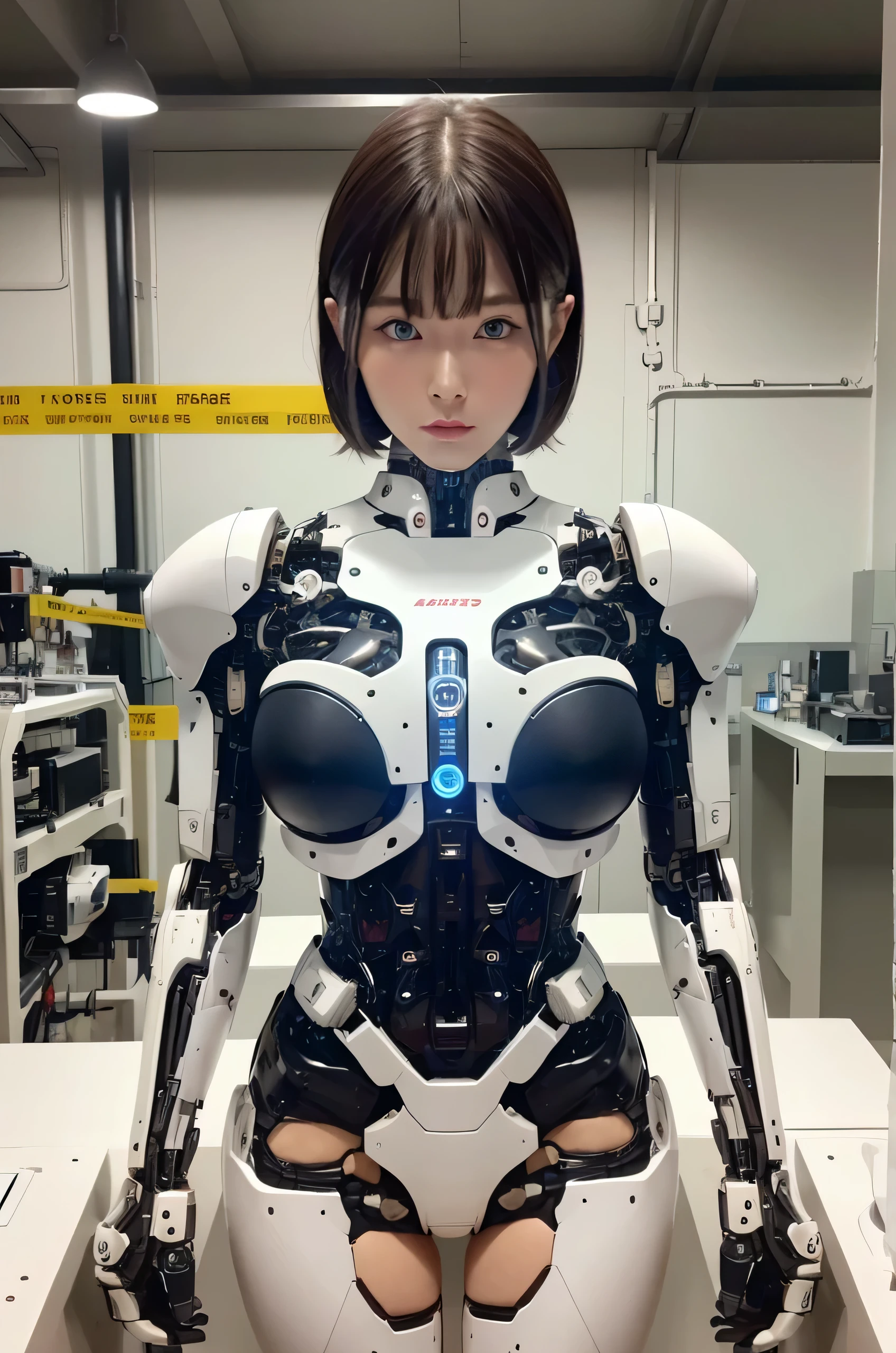 masterpiece, best quality, extremely detailed, 8k portrait, Japaese android Girl,Plump,control panels,Mechanical Hand, Robot arms and legs, Black Robot Parts,Mechanical body,Blunt bangs,perfect mechanical abdomen,White robotics parts,perfect robot woman,future laboratory,charging spot,laboratory,long tube,thick cable connected her neck,ceramic body ,perfect mechanical body, white robot body,android,robot humanoid,black sponge joints,The removable cover is in the groin,The connection port is in the groin,opened chest panel,access panel on the chest,white machine body,white robot body,white ceramic breast,perfect plastic breast,She has repaired,assembly plant,miniskirt,leather boots,blue eyes