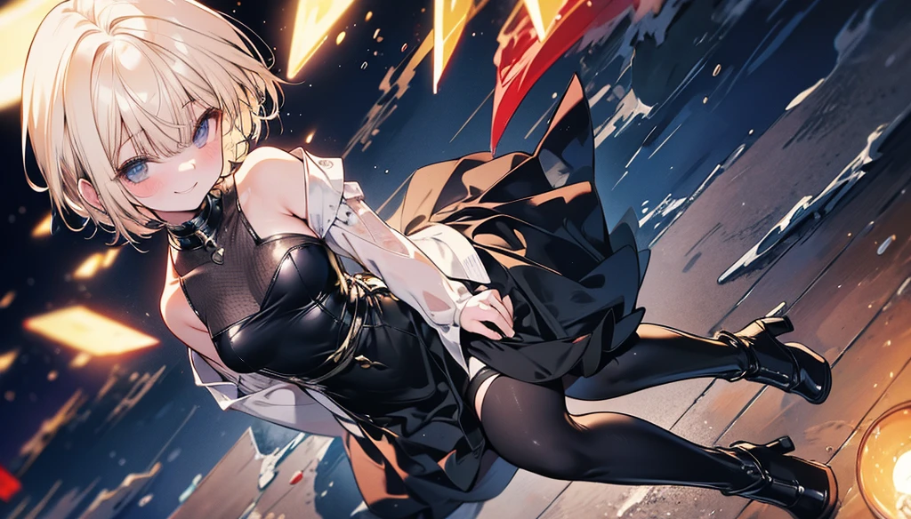 `(best quality,4k,8k,highres,masterpiece:1.2),ultra-detailed,(realistic,photorealistic,photo-realistic:1.37),portrait,wet floor,blonde 17-year-old girl,short hair,standing full body,short black latex strapless dress,high boots,smiling while touching her hair`