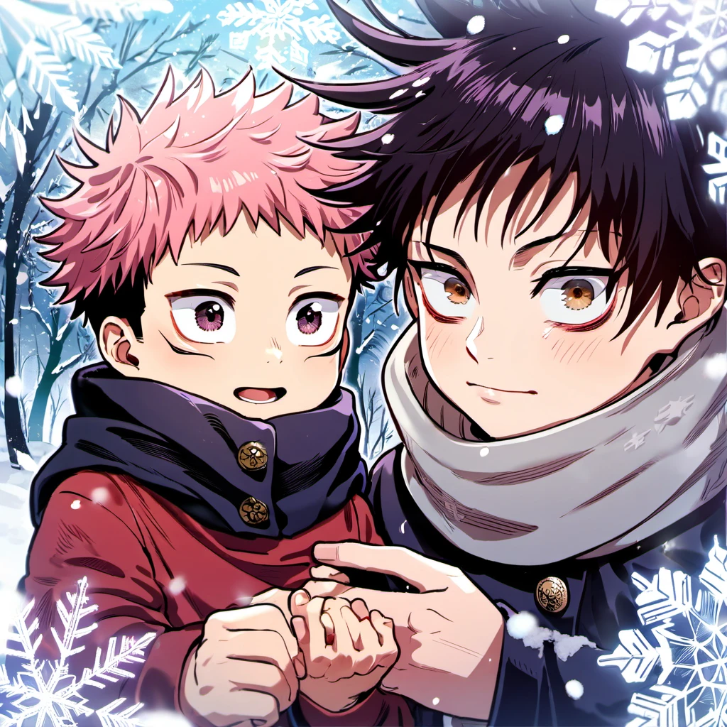 Ultra detailed, Highres, absurdres, HDR, Choso as a , black hair, dark purple eyes, Itadori Yuuji as a little kidr, brown eyes, Jujutsu Kaisen, snowing, 2 kids holding hands, snowflakes, ice forest, cute, black red winter jacket, black scarf,
