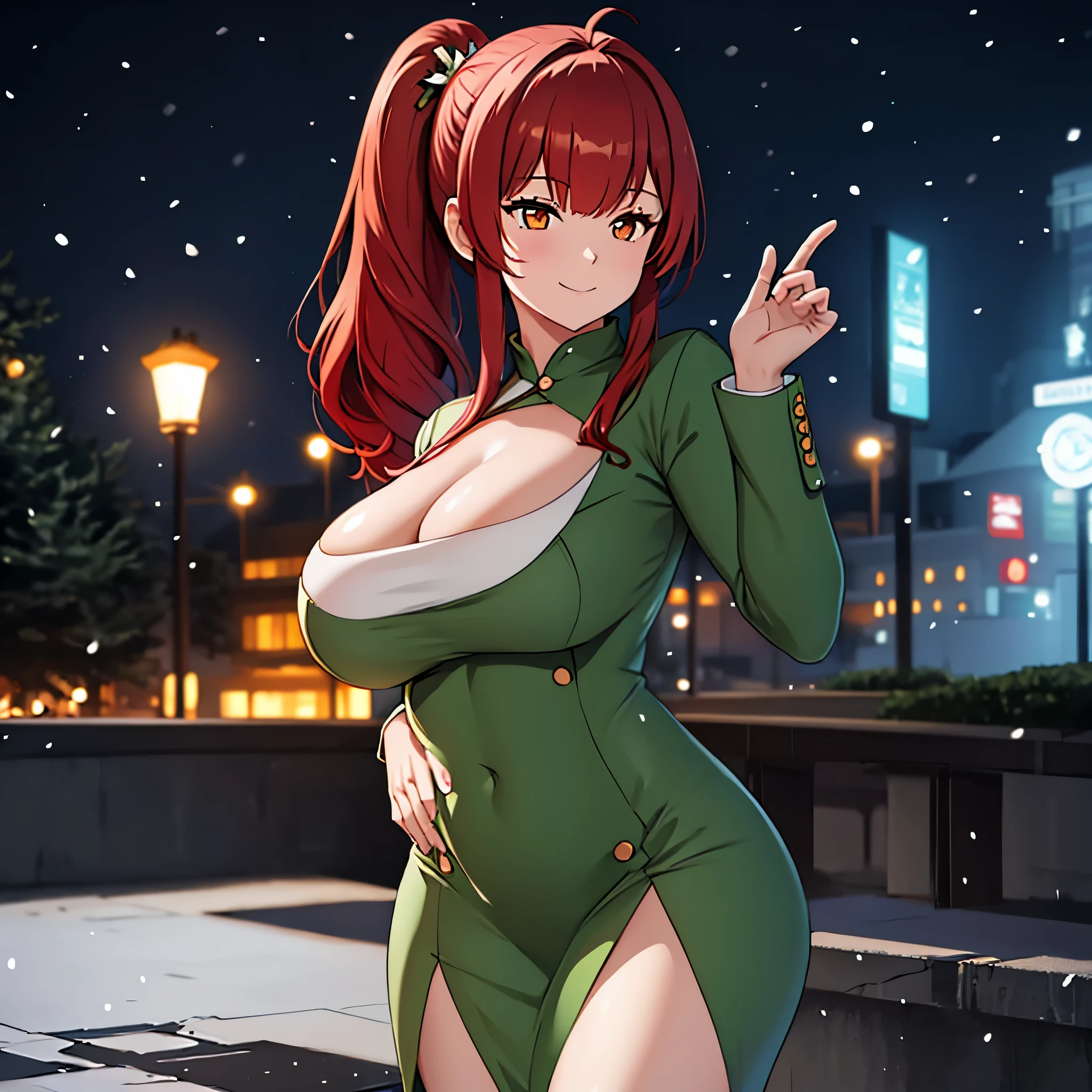 A woman wearing a long dark green fur coat, wearing white tight dress, big breasts, red hair, ponytail hair, orange eyes, in a winter themed night park, snowing, concrete walk, background buildings with windows lit, smiling (just one woman, solo) ,HDR, ultra resolution, well defined, masterpiece, 8K HD. (solo woman)
