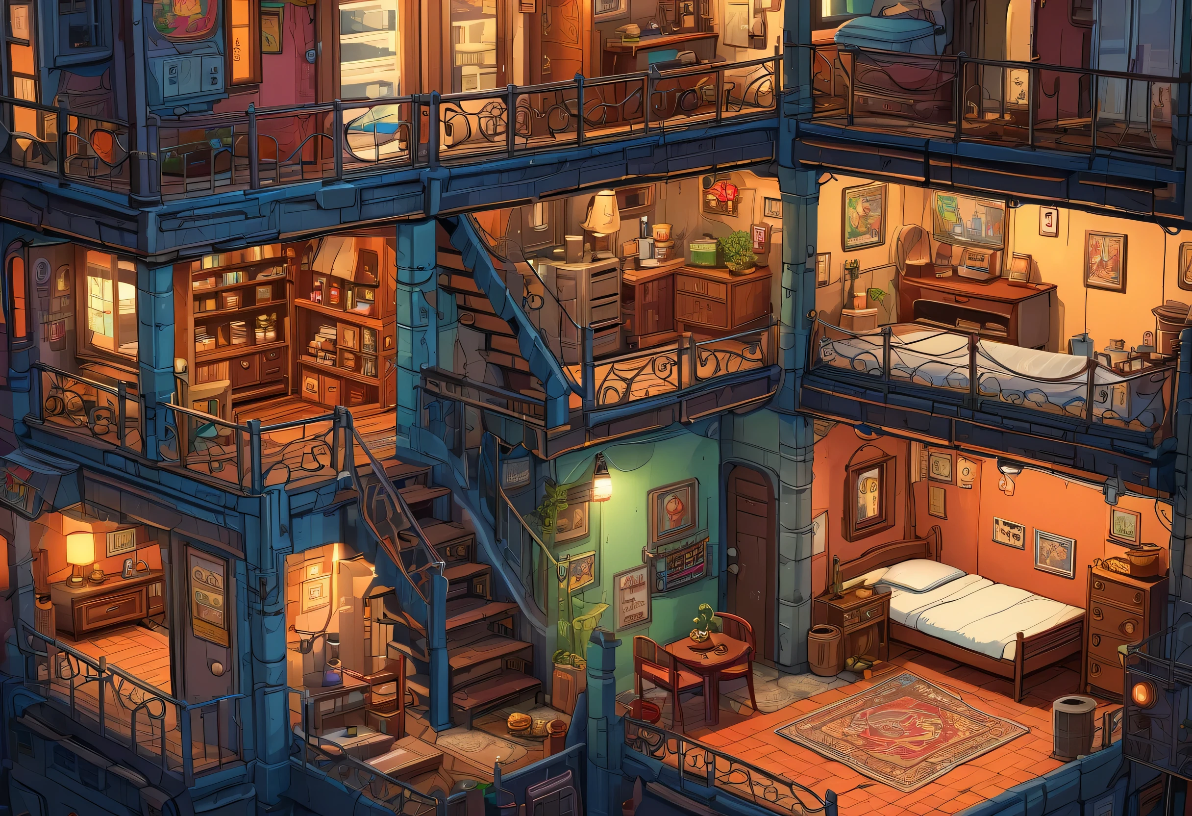 Cartoon close-up of a house with many rooms, Point-and-click adventure game, game illustration, extremely detailed concept art, Randomly divided rooms, underground city, Section, video game concept art, Detailed 2D illustration, Inside the gang's hideout, Kowloon Wall City Style, Inspired by Anton Piek